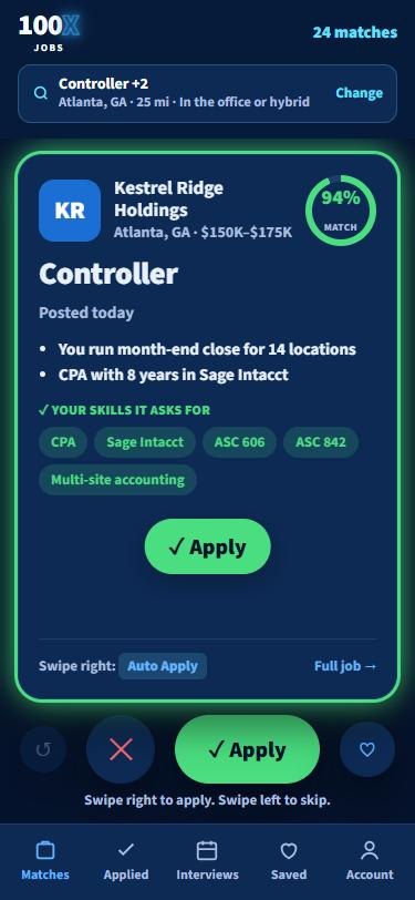 The 100X Jobs app: a Controller job, 94% match, with Apply
